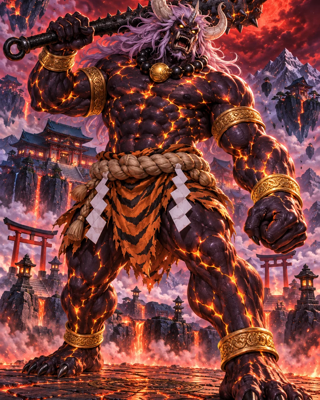 Enma-Oni, oni gigante de obsidiana com rachaduras de magma, chifres e kanabō